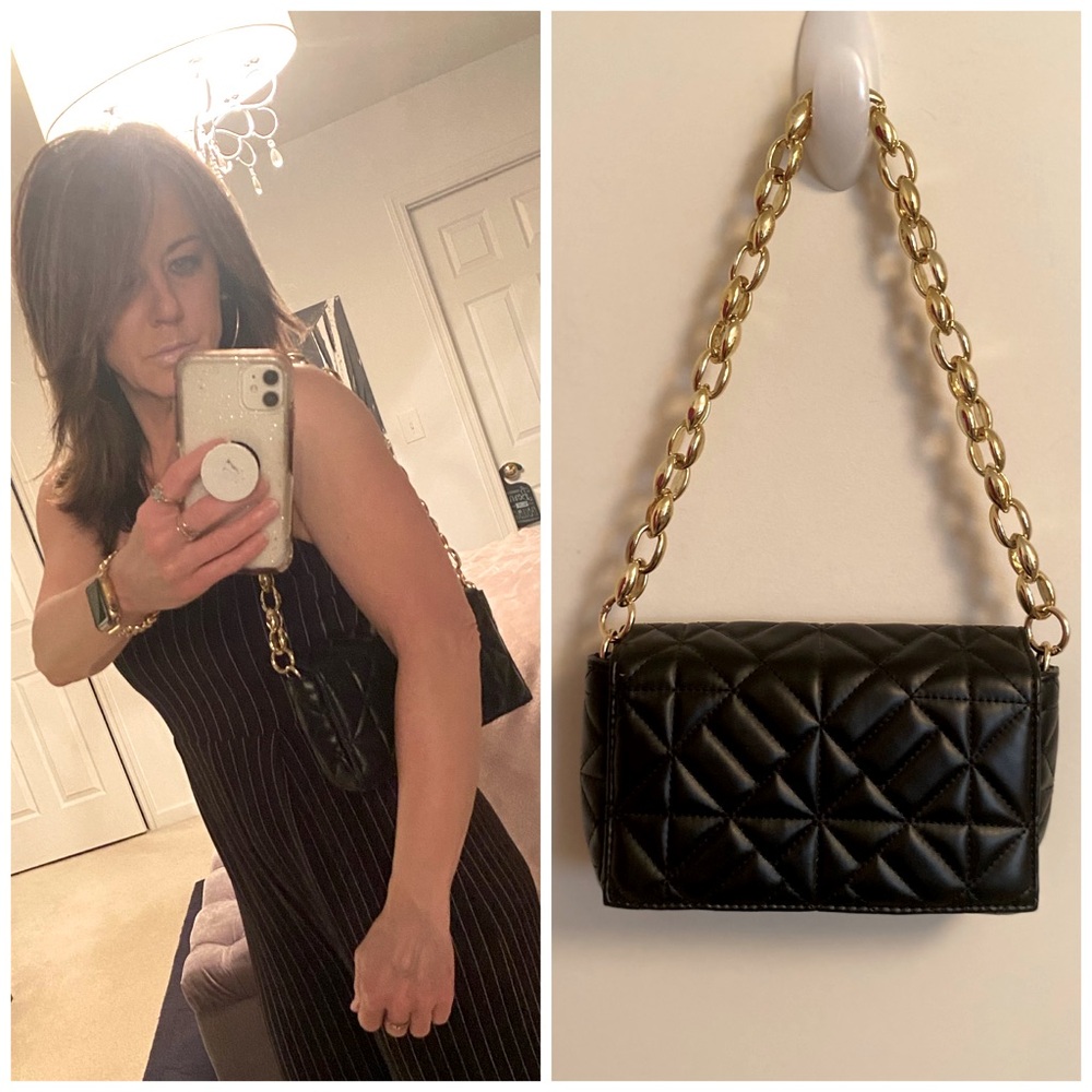 HANDBAG Black with Gold Chain Quilted Faux Leather